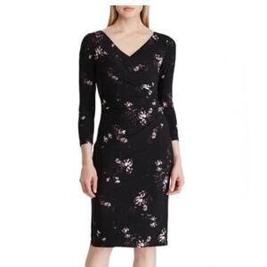 Lauren Ralph Lauren Women's Floral Black V-Neck Ruched 3/4 Long-Sleeve Dress 6